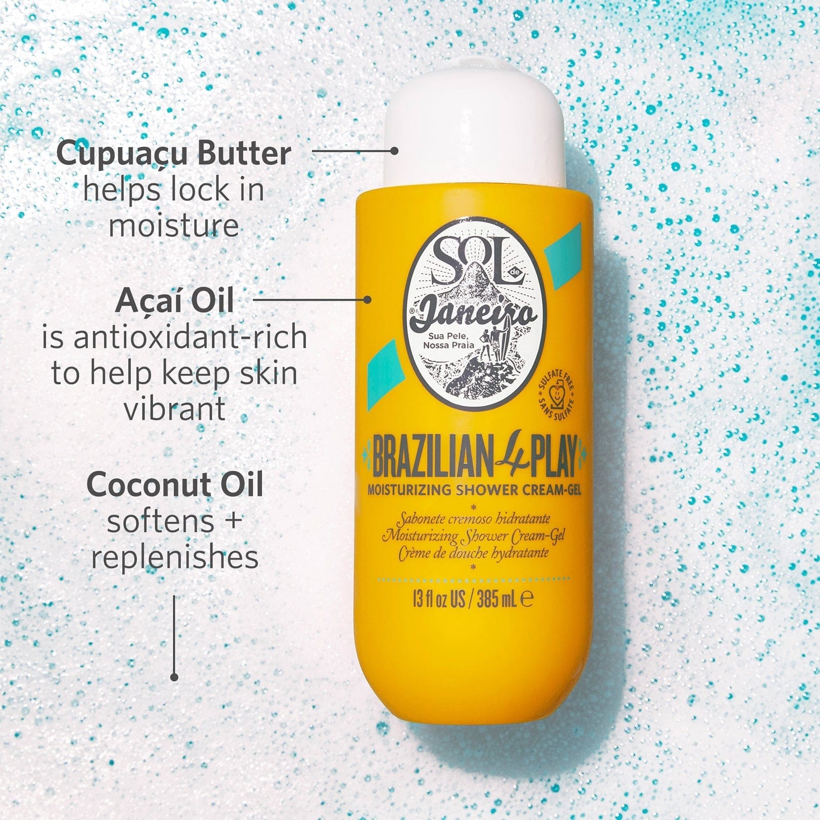 Cupuacu butter - helps lock in moisture. Acai oil - is antioxidant-rich to help keep skin vibrant. Coconut oil - softens + replenishes
