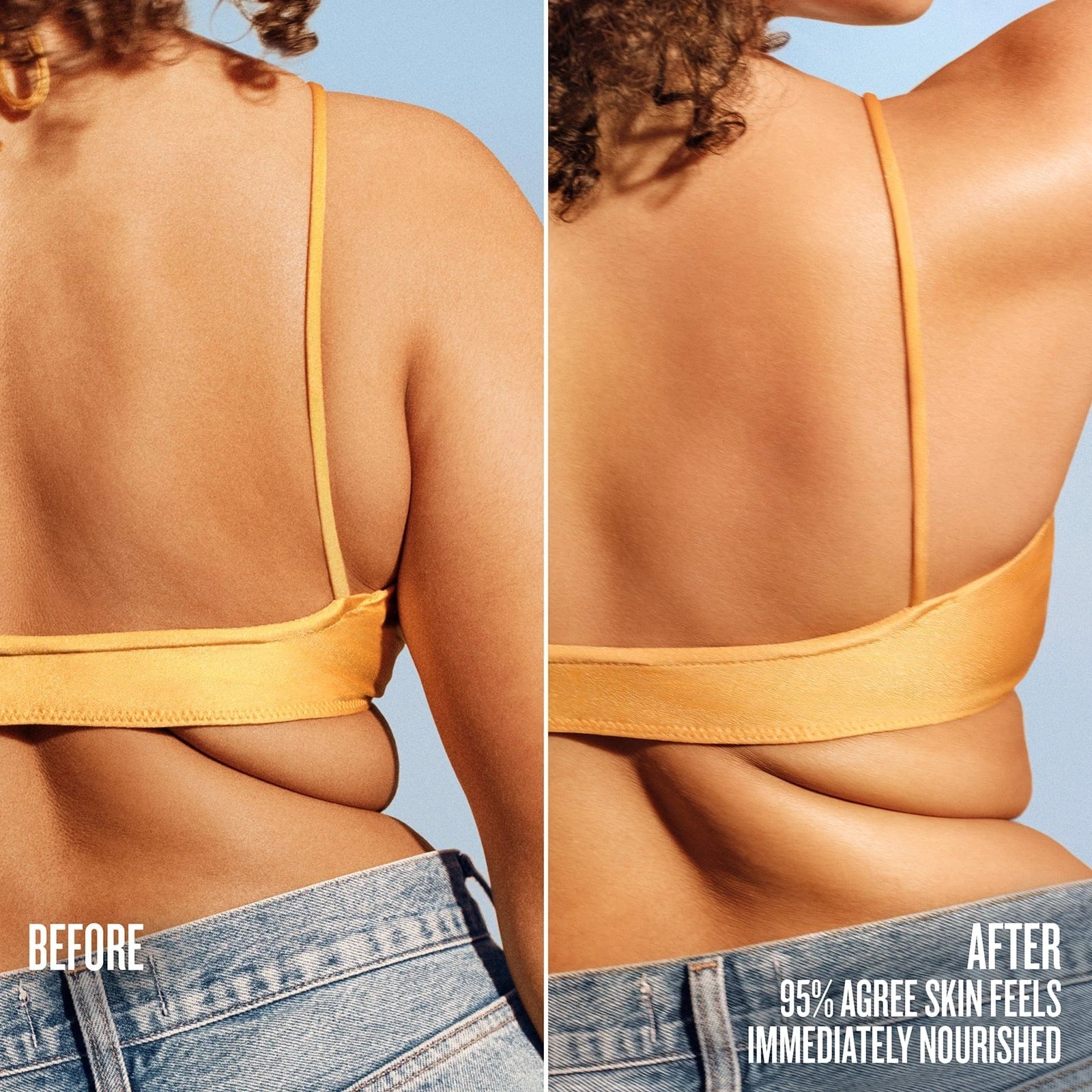 Text on image reads "Before, After 95% agree skin feels immediately nourished" This image is showing a model before putting on Sol de Janeiro Badalada Lotion. She is wearing a sol de janeiro yellow bathing suit with jean shorts