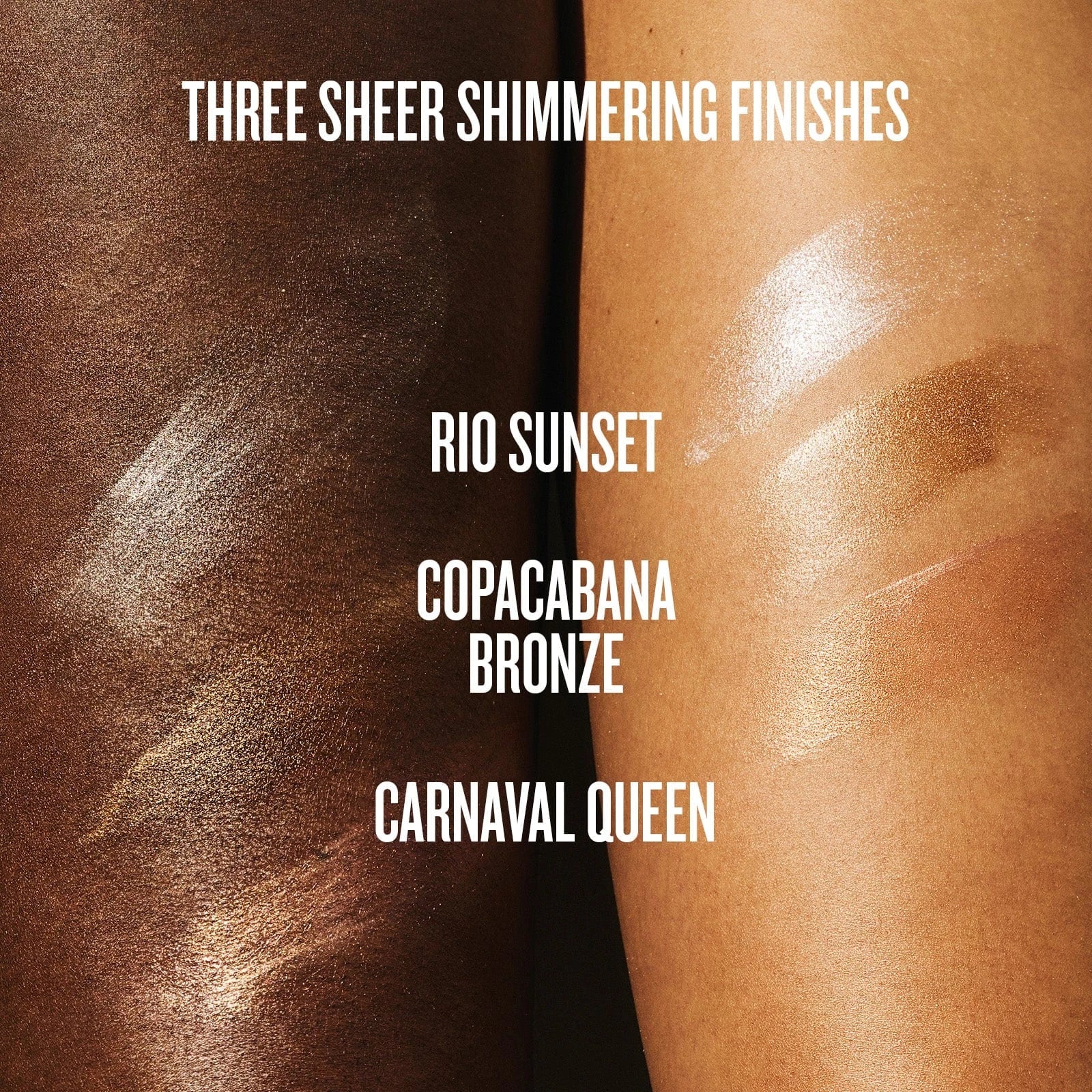 Text on image reads three sheer shimmering finishes rio sunset, copacabana bronze and carnaval queen. Image is showing the different swatches of shades on model arms