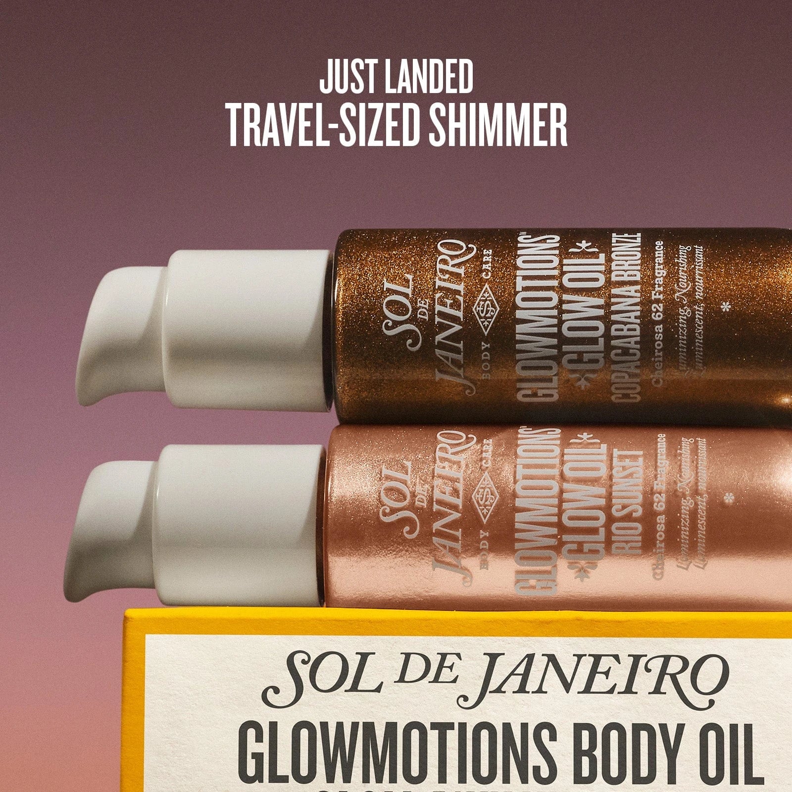 Text on image reads "just landed travel-sized shimmer" with our 30ml glowmotions on top of the boxed set zoomed in