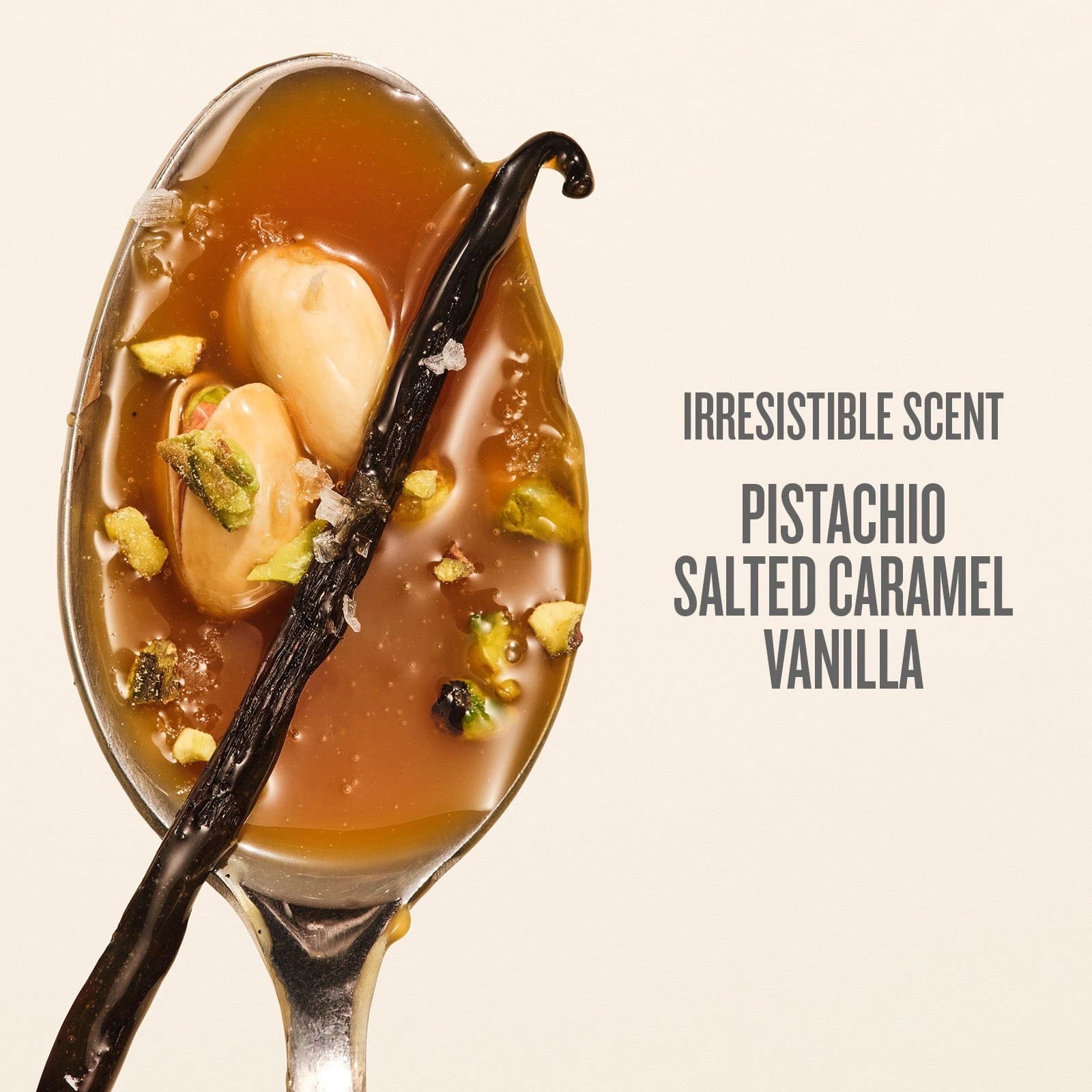 Text on image reads irresistible scent, pistachio, salted caramel, vanilla. This image is of the different ingredients that is in sol de janeiro glowmotions body oil