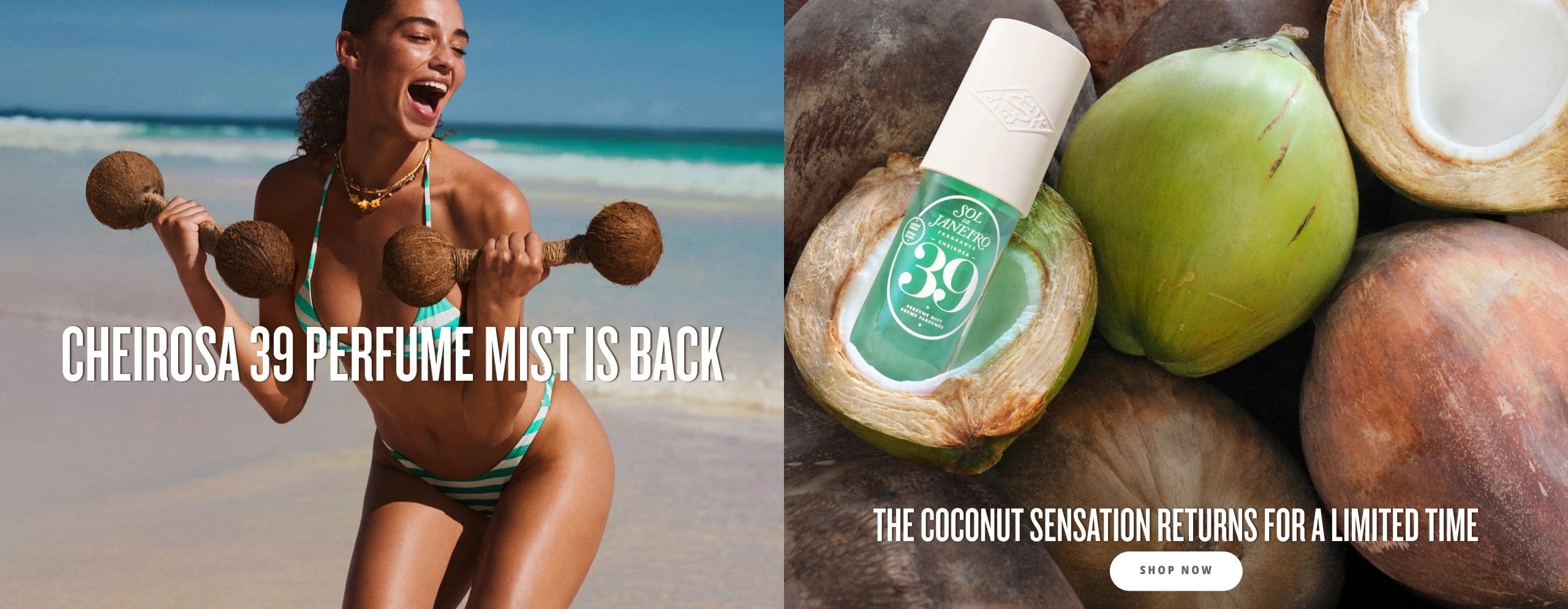 text on banner reads cheirosa 39 perfume mist is back the coconut sensation returns for a limited time shop now