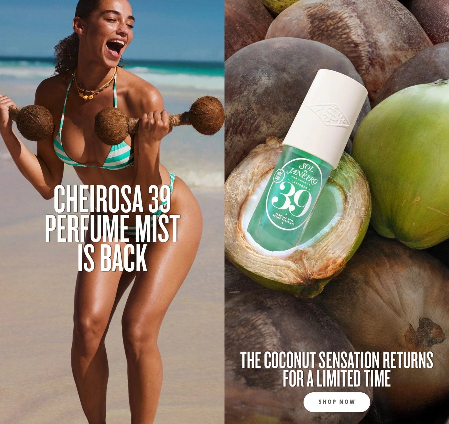 text on banner reads cheirosa 39 perfume mist is back the coconut sensation returns for a limited time shop now