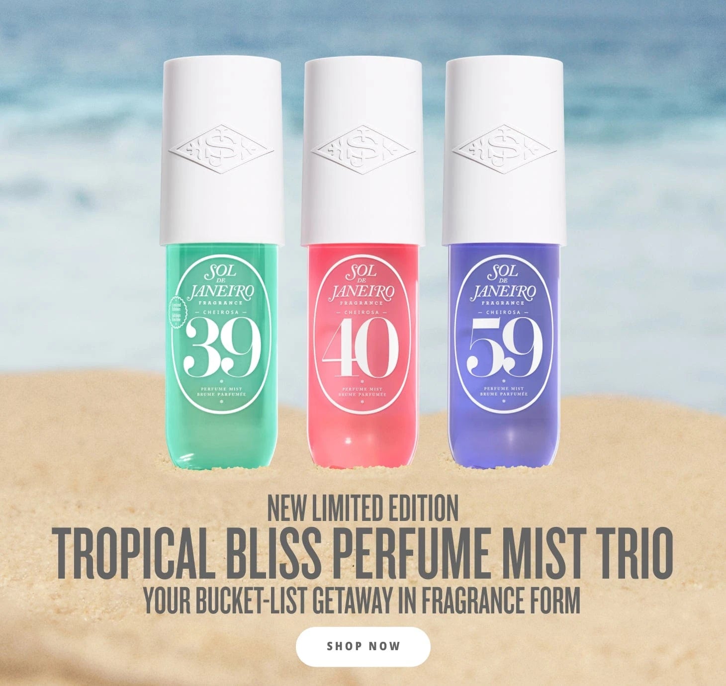 Text on image reads new limited edition tropical bliss perfume mist trio. your bucket-list getaway in fragrance form shop now