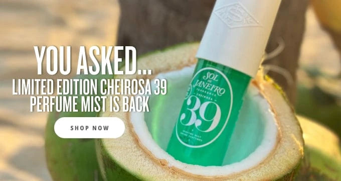 Text on asset reads You asked...limited edition cheirosa 39 perfume mist is back shop now. The image is of a sol de janeiro cheirosa 39 perfume mist bottle inside a coconut