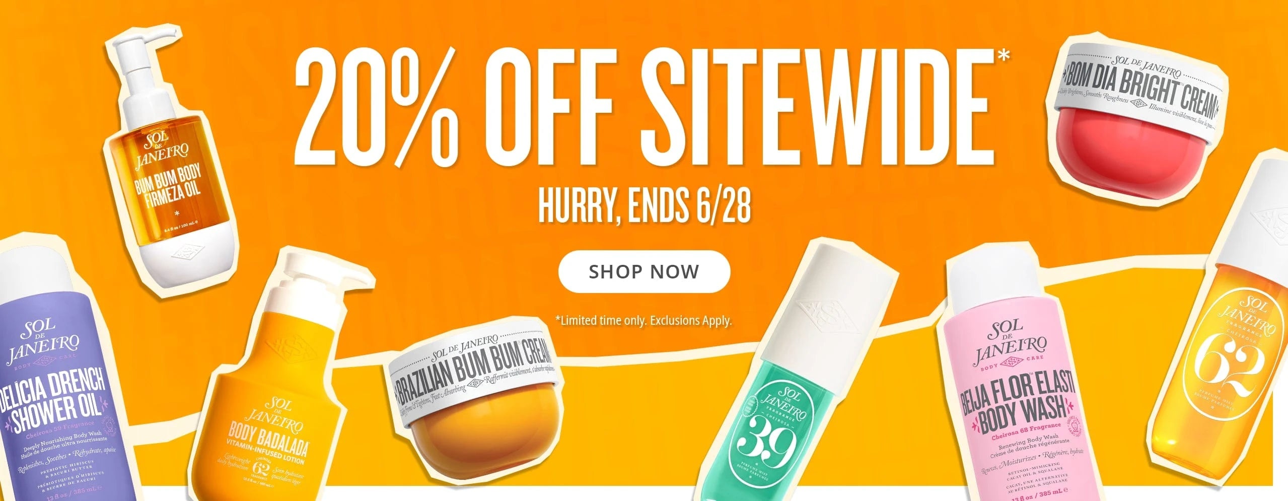 text on image reads 20% off sitewide* hurry, ends 6/28 shop now *limited time only, exclusions apply