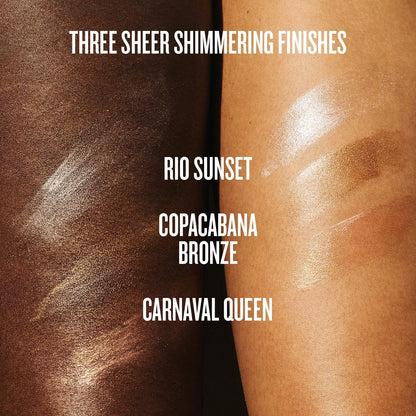 Text on image reads three sheer shimmering finishes rio sunset, copacabana bronze and carnaval queen. Image is showing the different swatches of shades on model arms