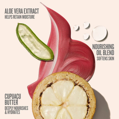Text on image reads aloe vera extract helps retain moisture, nourishing oil blend softens skin, cupuacu butter deeply nourishes &amp; hydrates. This image is showing what the different kind of ingredients are in the sol de janeiro glowmotions body oil carnaval queen